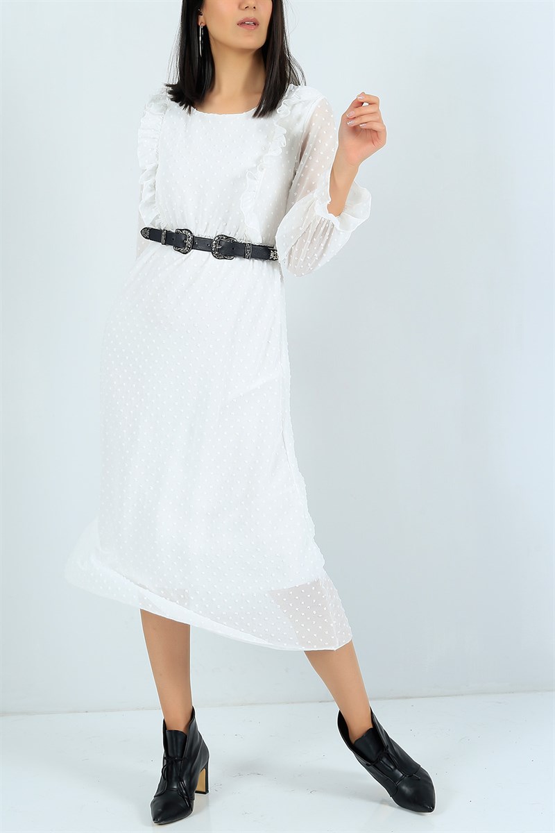 Astarlı Flok Baskı Beyaz Şifon Elbise 23995B