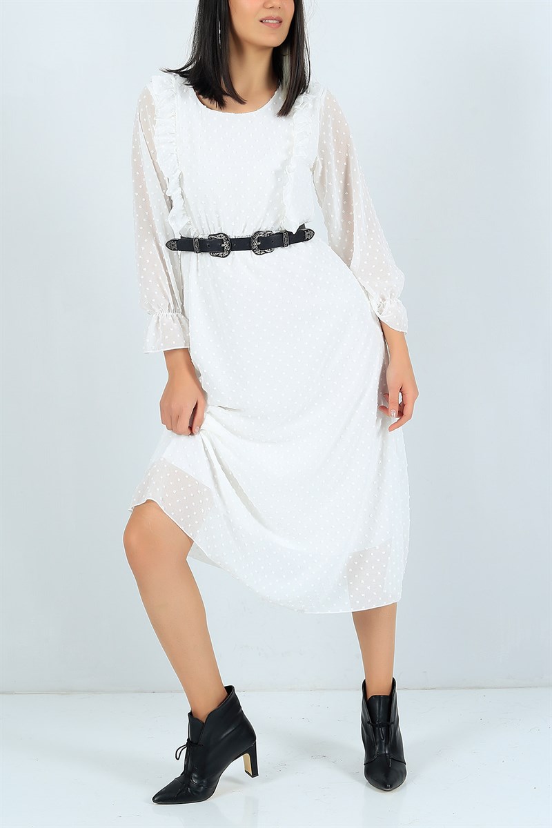 Astarlı Flok Baskı Beyaz Şifon Elbise 23995B