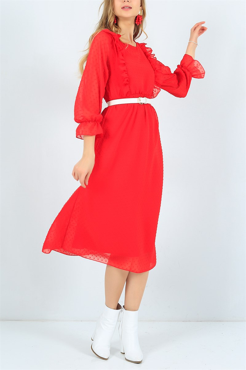 Astarlı Flok Baskı Kırmızı Şifon Elbise 23996B