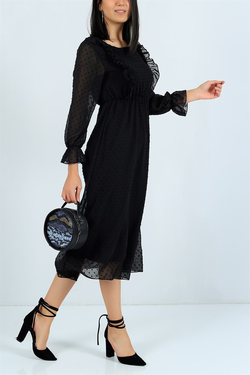 Astarlı Flok Baskı Siyah Şifon Elbise 23997B