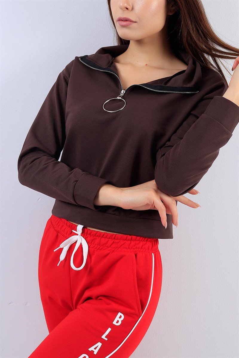 Balıkçı Yaka Kahverengi Bayan Sweat 17728B