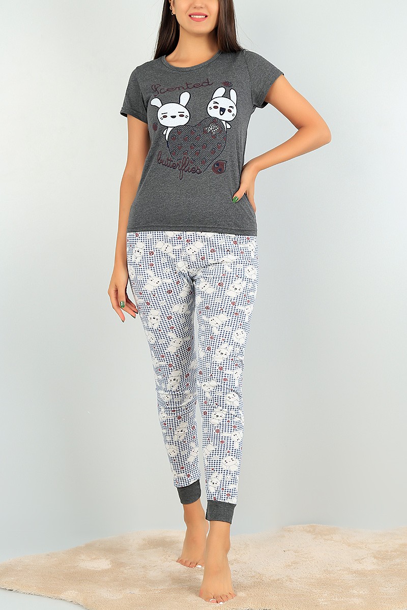 Baskılı Antrasit Bayan Pijama Takımı 73480