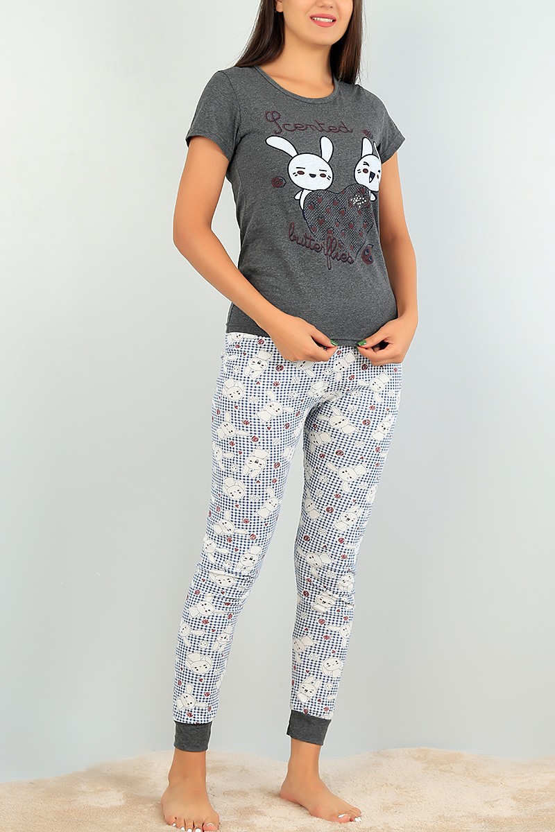 Baskılı Antrasit Bayan Pijama Takımı 73480