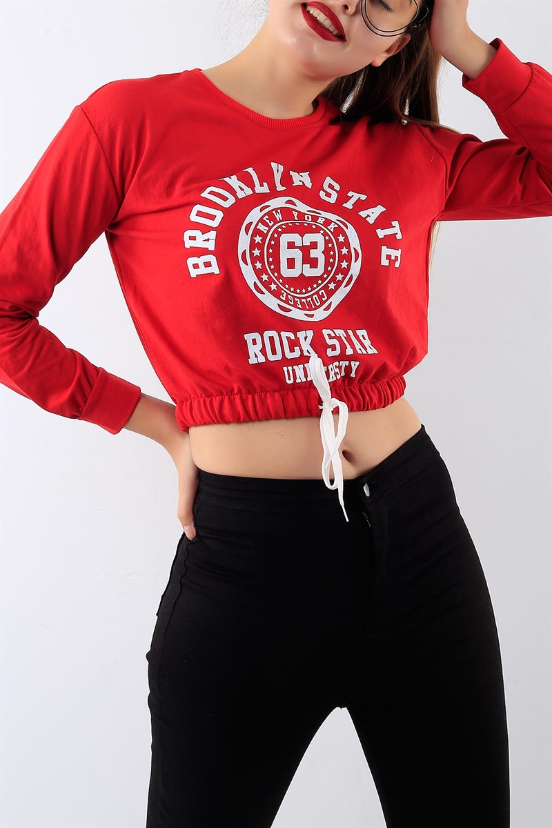 Baskılı Belden Bağlamalı Kırmızı Sweat 20084B