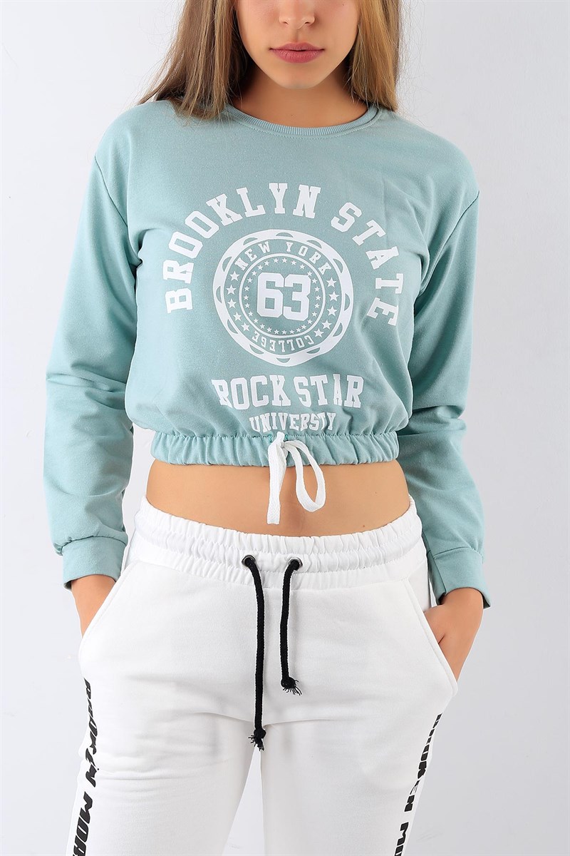 Baskılı Belden Bağlamalı Su Yeşili Sweat 20082B