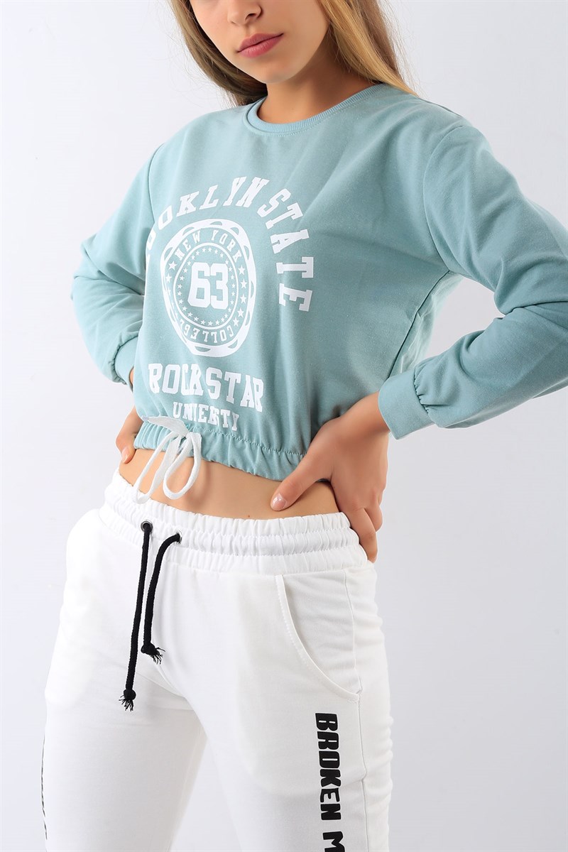 Baskılı Belden Bağlamalı Su Yeşili Sweat 20082B