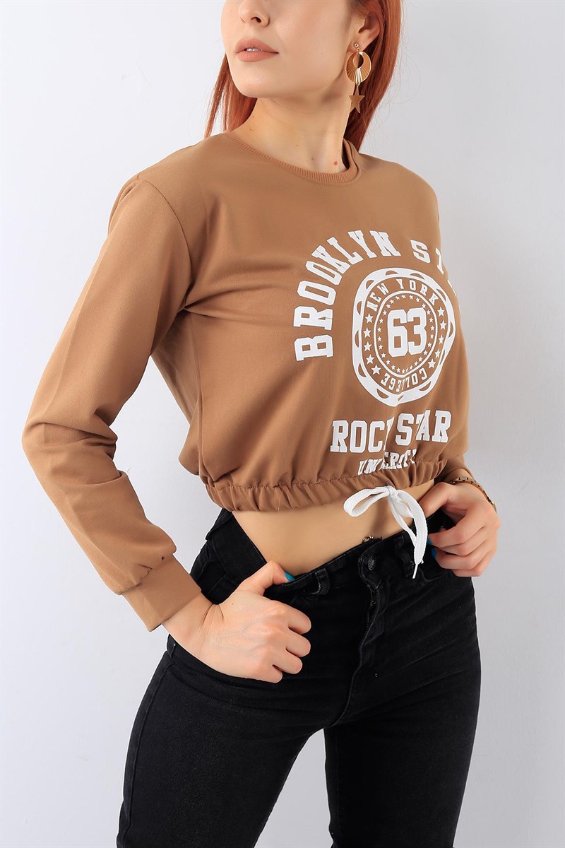 Baskılı Belden Bağlamalı Taba Sweat 20081B