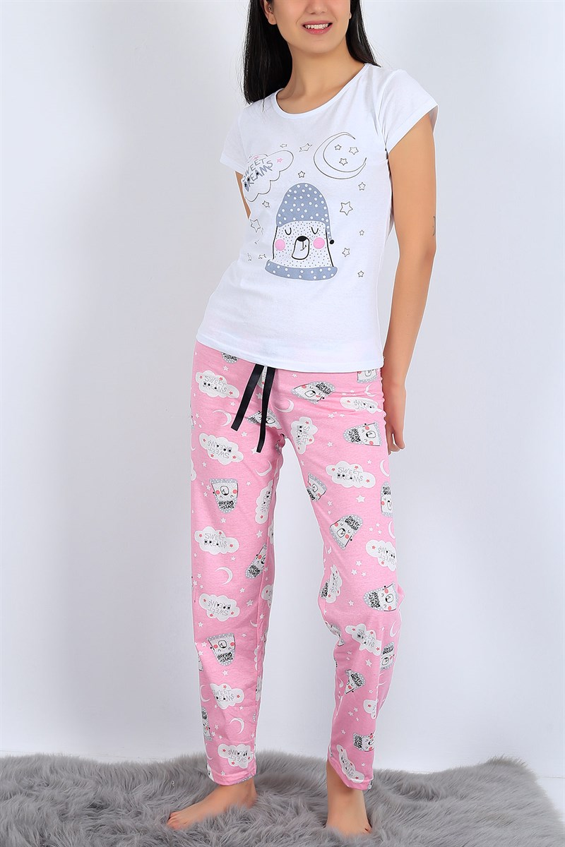 Baskılı Beyaz Bayan Pijama Takımı 25982B