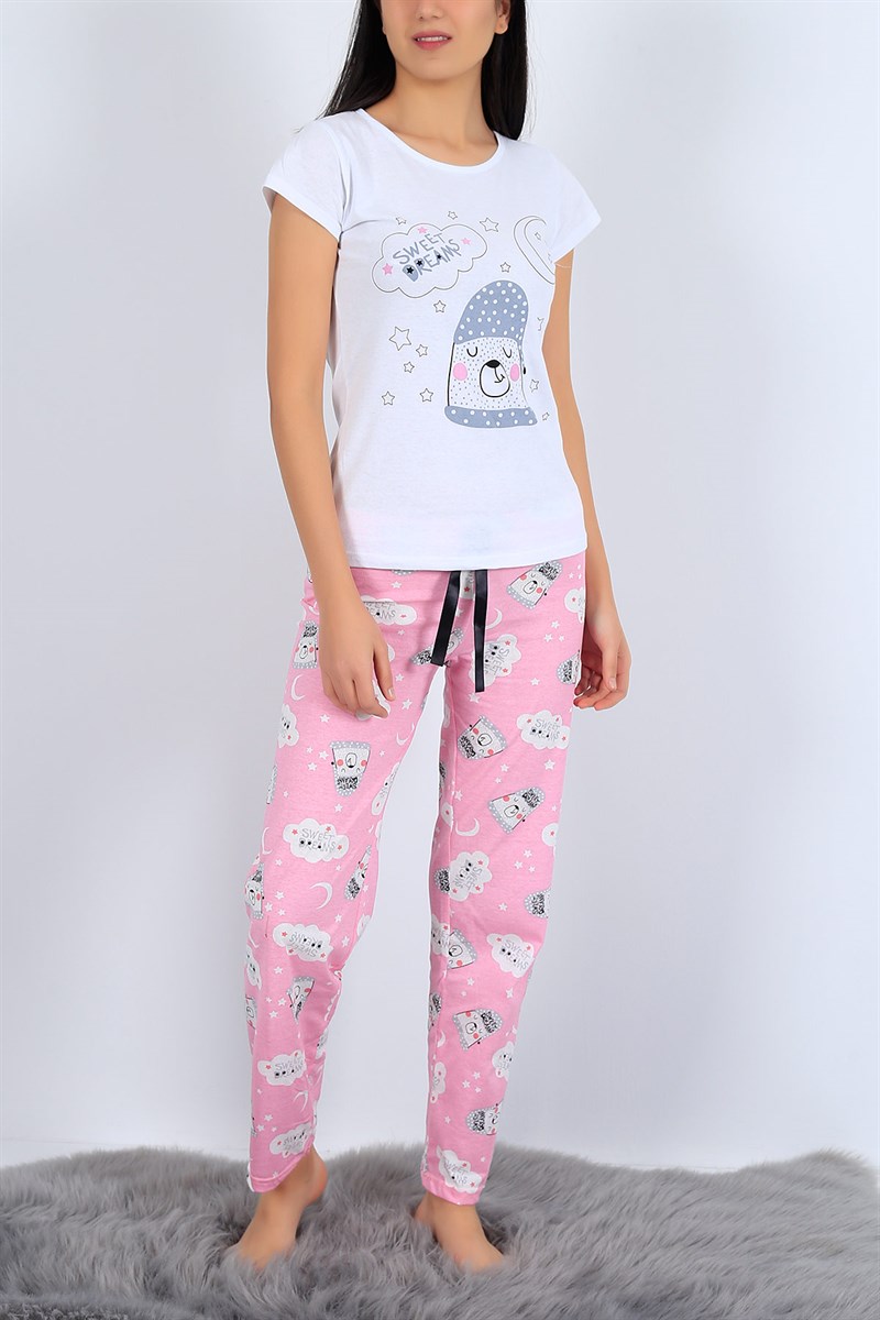 Baskılı Beyaz Bayan Pijama Takımı 25982B