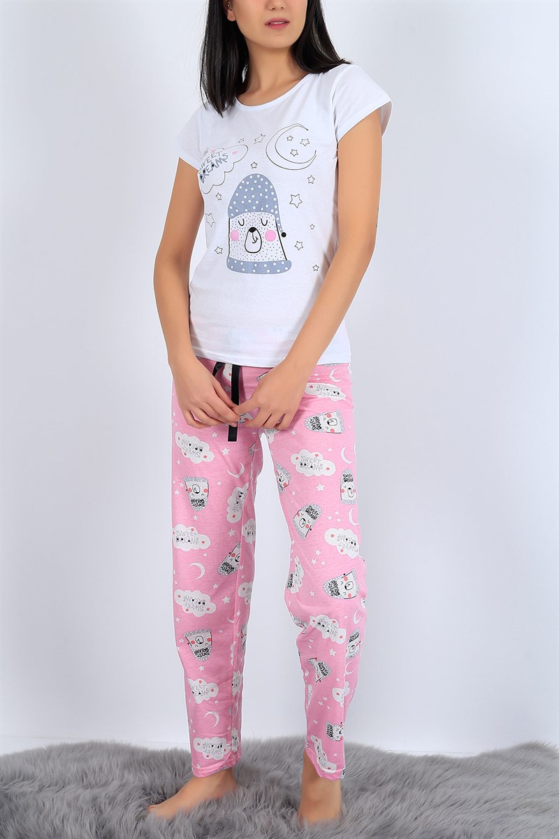 Baskılı Beyaz Bayan Pijama Takımı 25982B