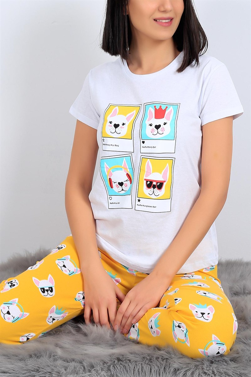 Baskılı Beyaz Bayan Pijama Takımı 26945B