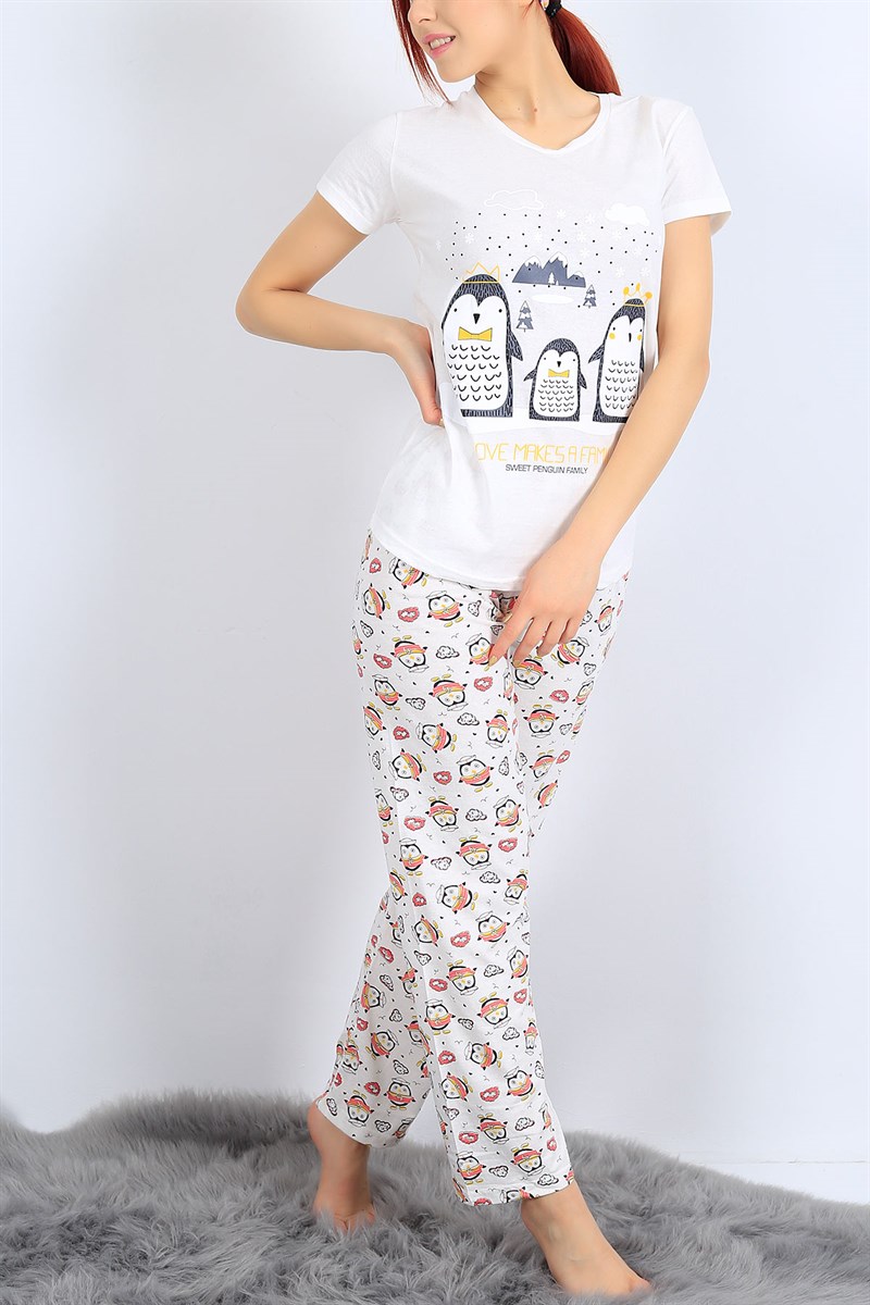 Baskılı Beyaz Bayan Pijama Takımı 26958B