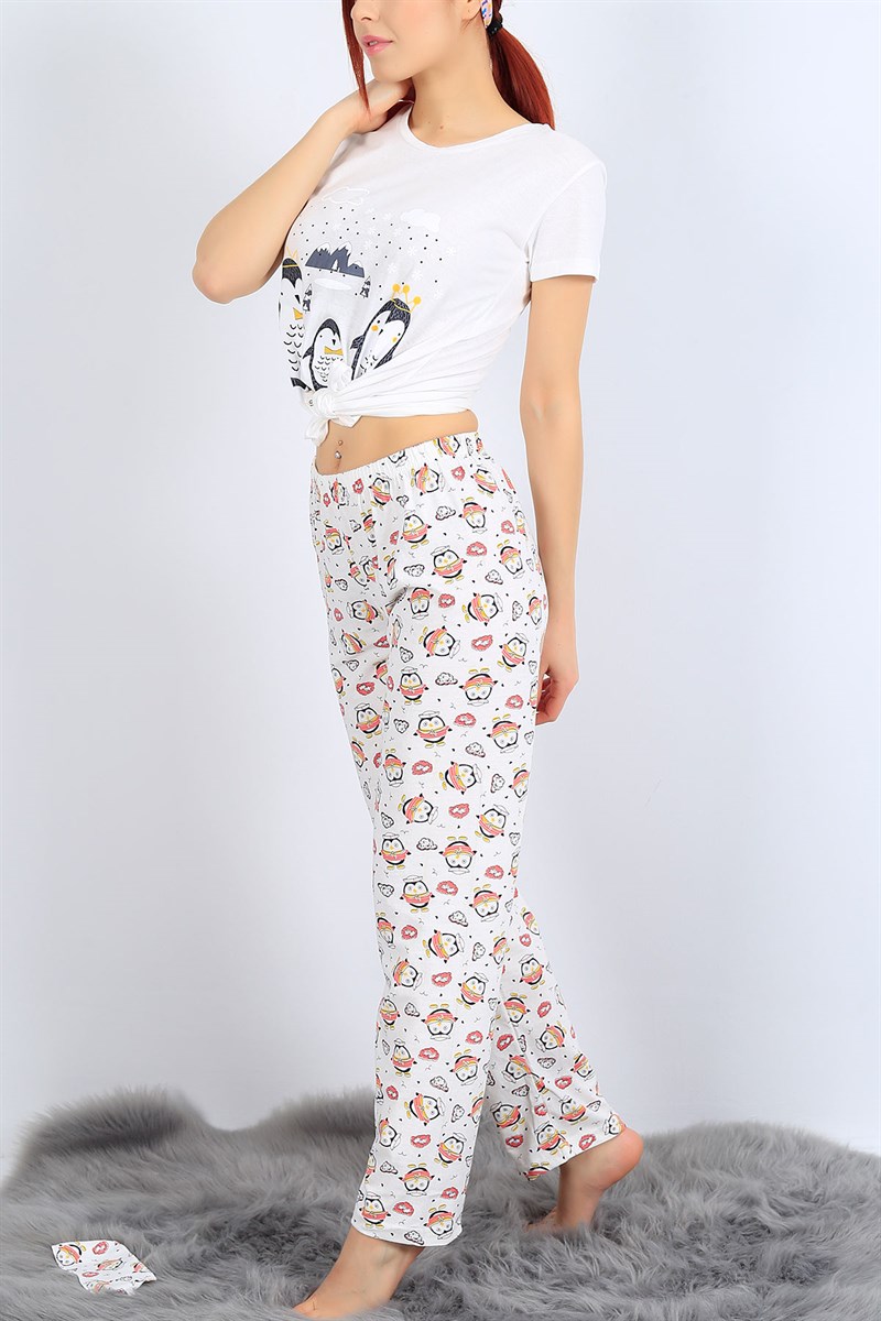 Baskılı Beyaz Bayan Pijama Takımı 26958B
