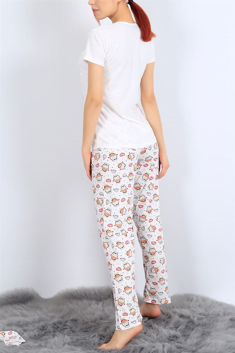 Baskılı Beyaz Bayan Pijama Takımı 26958B