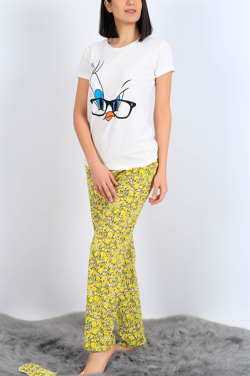 Baskılı Beyaz Bayan Pijama Takımı 26964B