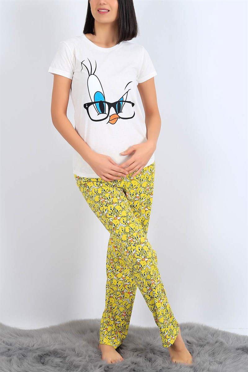 Baskılı Beyaz Bayan Pijama Takımı 26964B