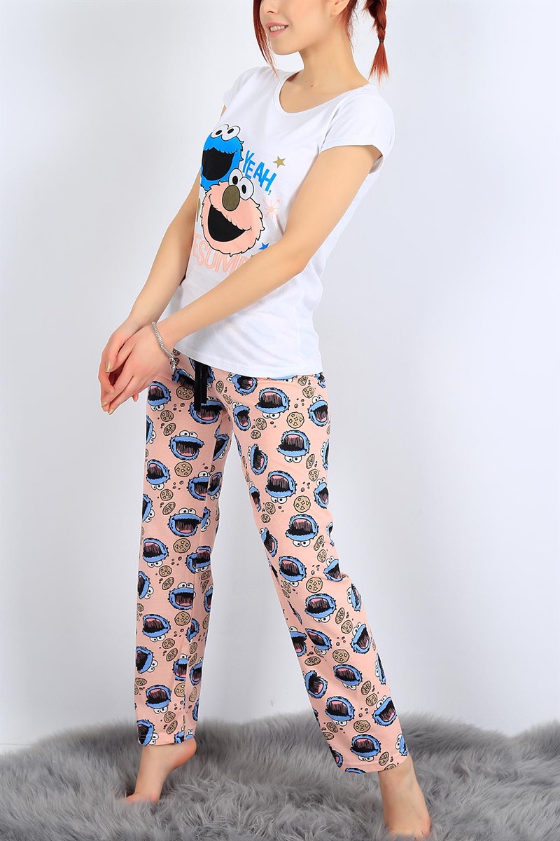 Baskılı Beyaz Bayan Pijama Takımı 27079B
