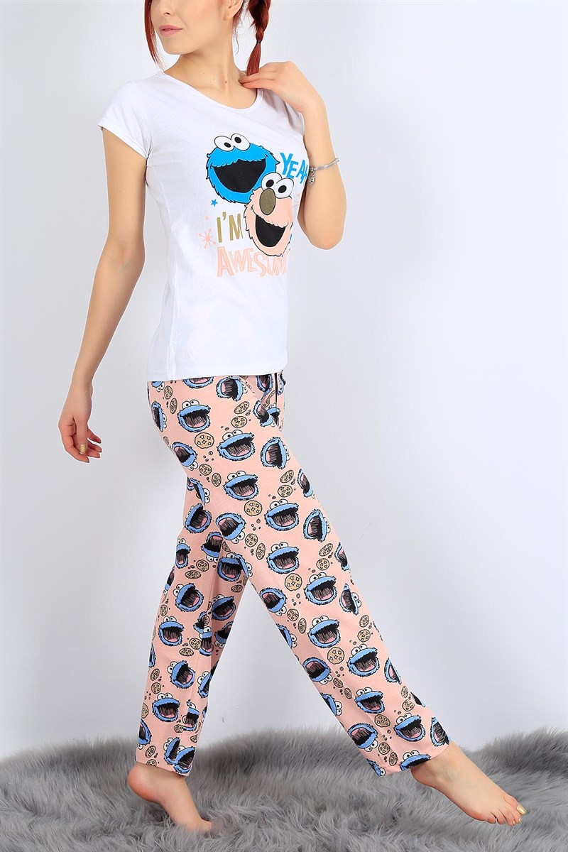 Baskılı Beyaz Bayan Pijama Takımı 27079B