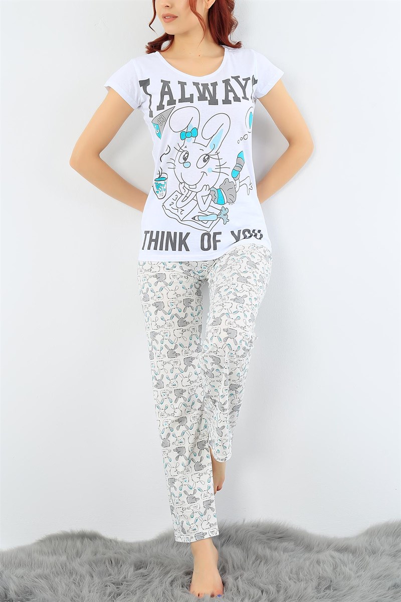 Baskılı Beyaz Bayan Pijama Takımı 31018
