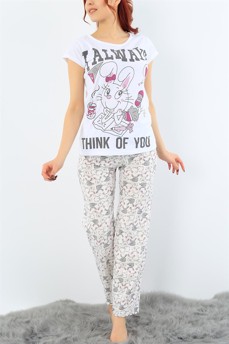 Baskılı Beyaz Bayan Pijama Takımı 31019