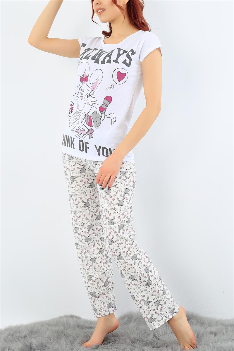 Baskılı Beyaz Bayan Pijama Takımı 31019