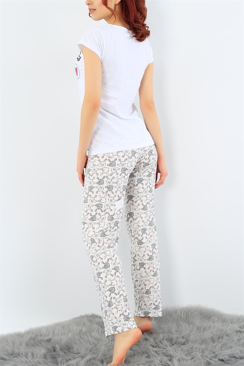 Baskılı Beyaz Bayan Pijama Takımı 31019