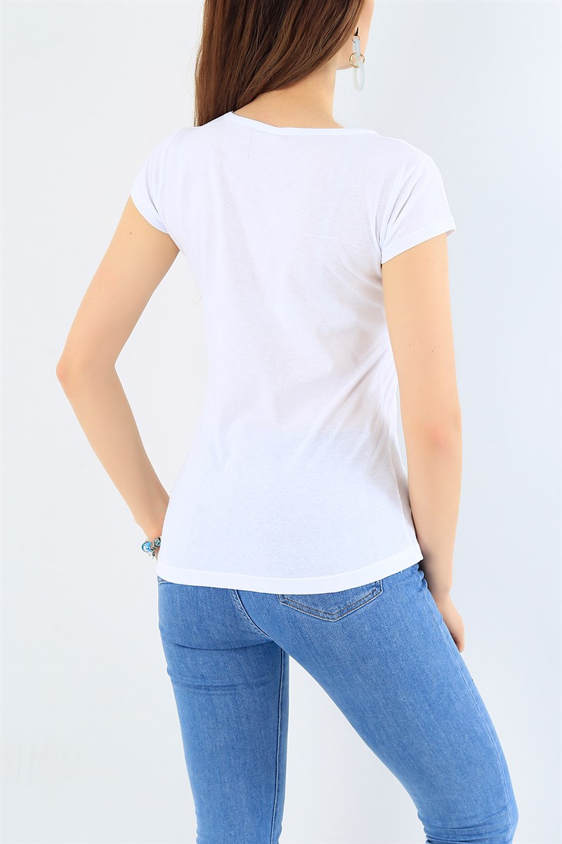 Baskılı Beyaz Bayan Tişört 29303B