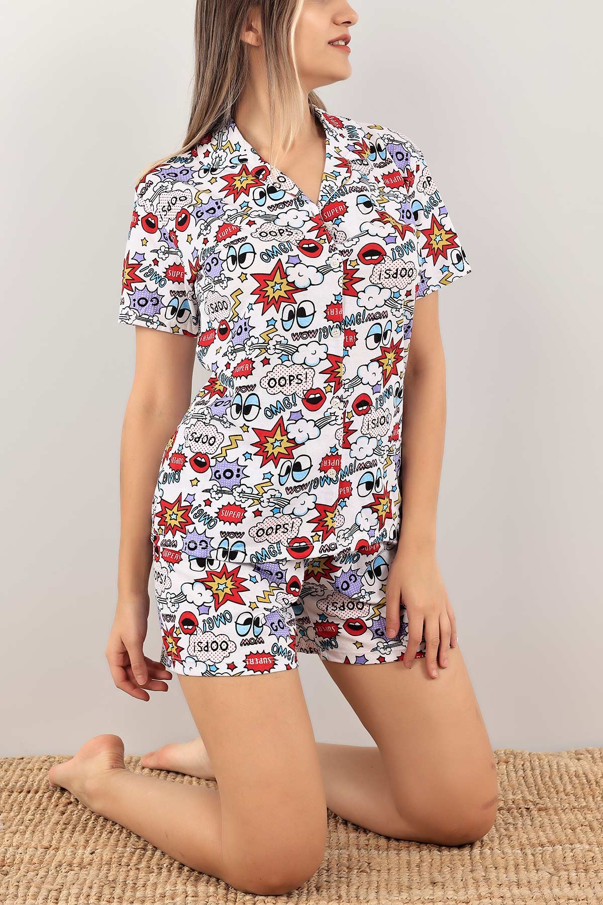 Baskılı Düğmeli Bayan Pijama Takımı 116492