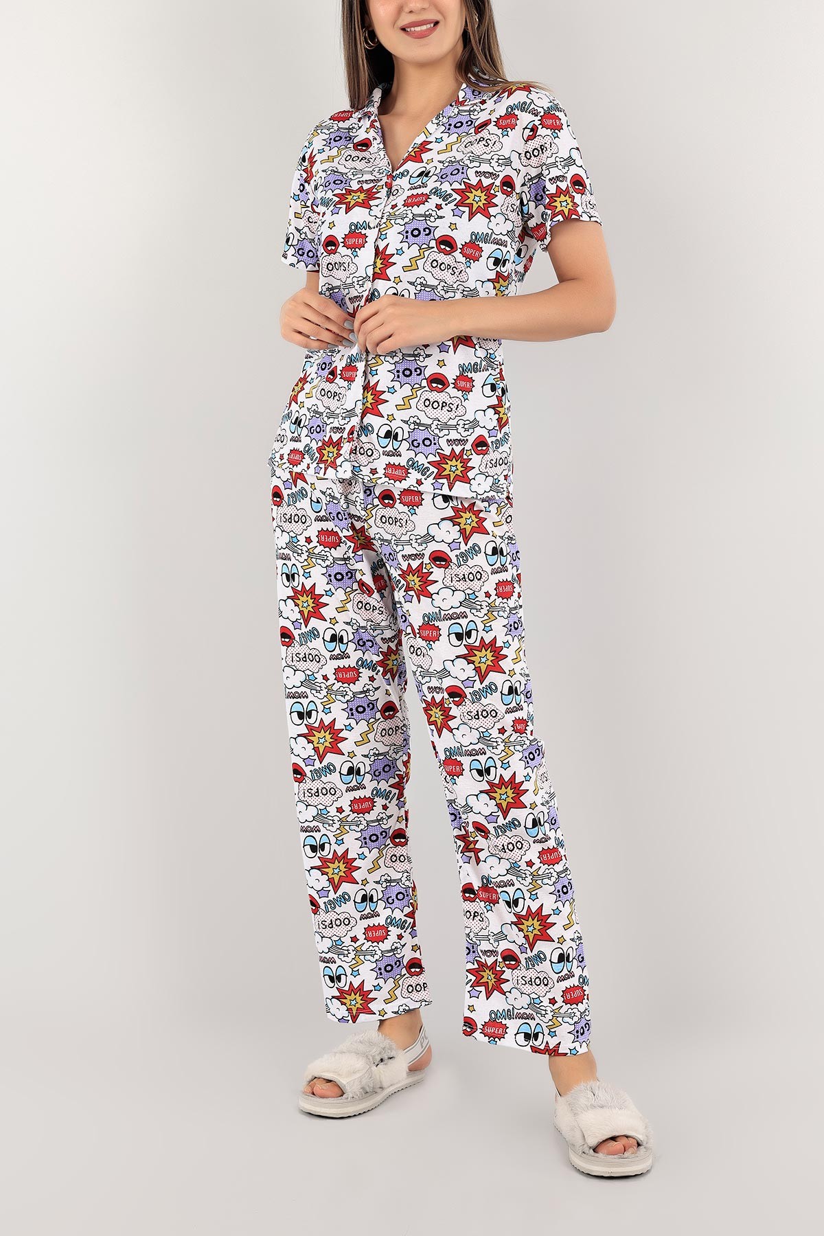 Baskılı Düğmeli Bayan Pijama Takımı 116493