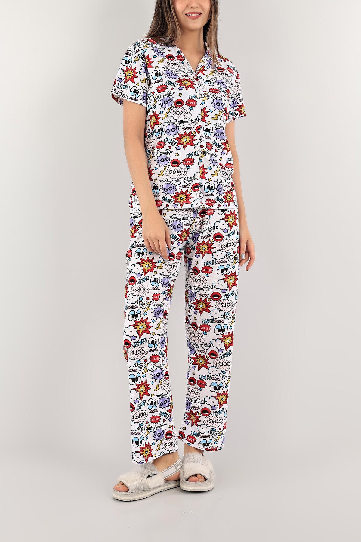 Baskılı Düğmeli Bayan Pijama Takımı 116493