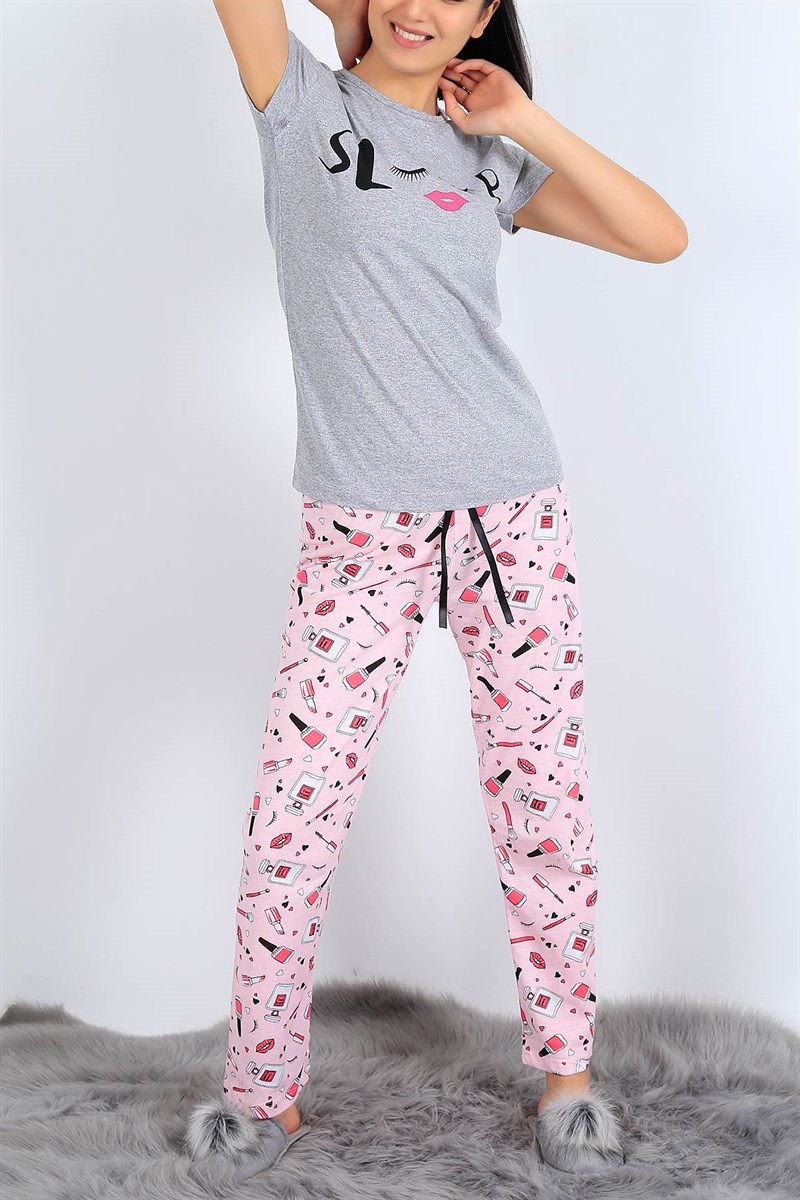 Baskılı Gri Bayan Pijama Takımı 27072B