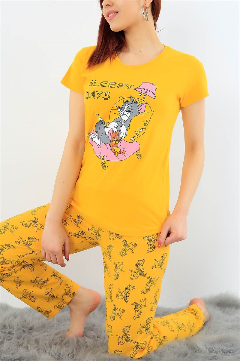 Baskılı Hardal Bayan Pijama Takımı 31385
