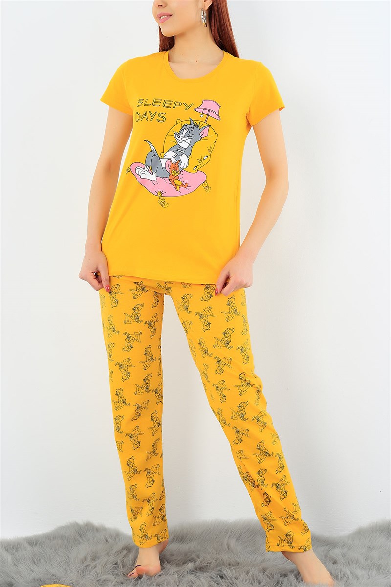 Baskılı Hardal Bayan Pijama Takımı 31385