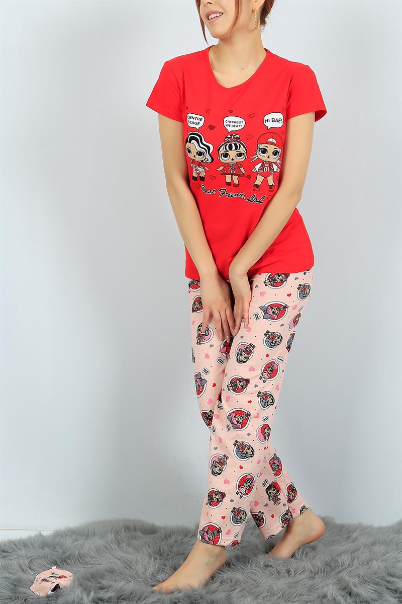 Baskılı Kırmızı Bayan Pijama Takımı 24302B