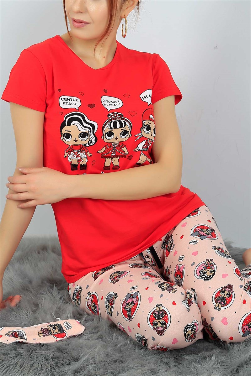 Baskılı Kırmızı Bayan Pijama Takımı 24302B