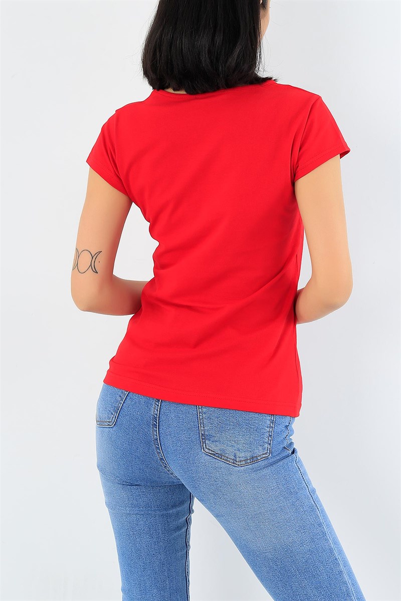 Baskılı Kırmızı Bayan Tişört 29232B