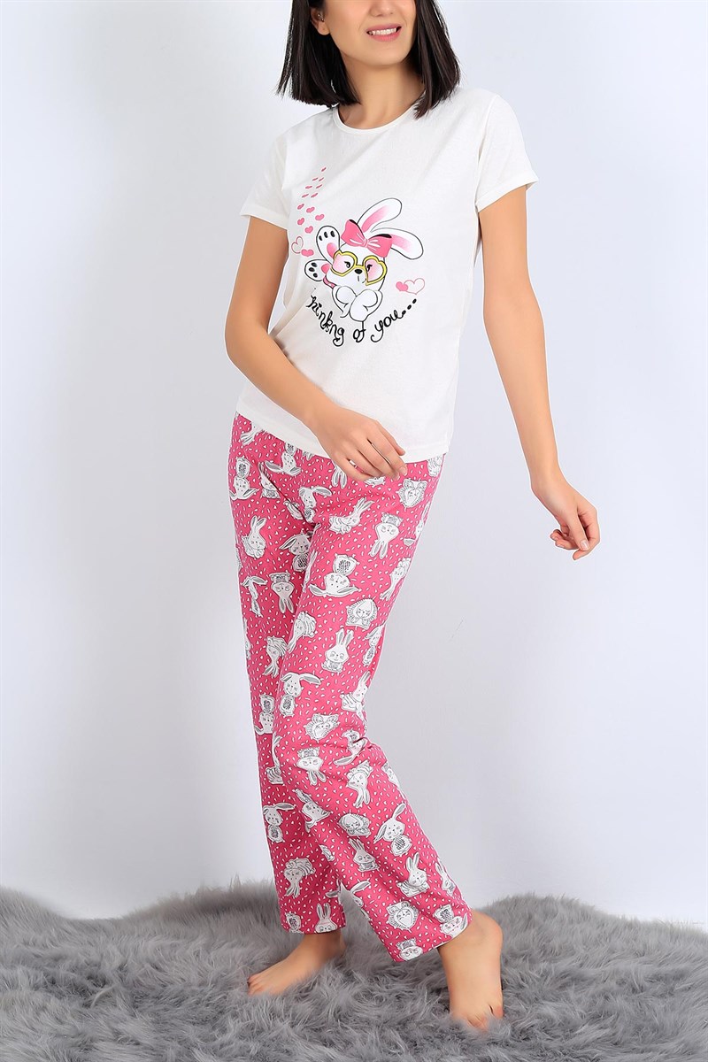 Baskılı Krem Bayan Pijama Takımı 26948B