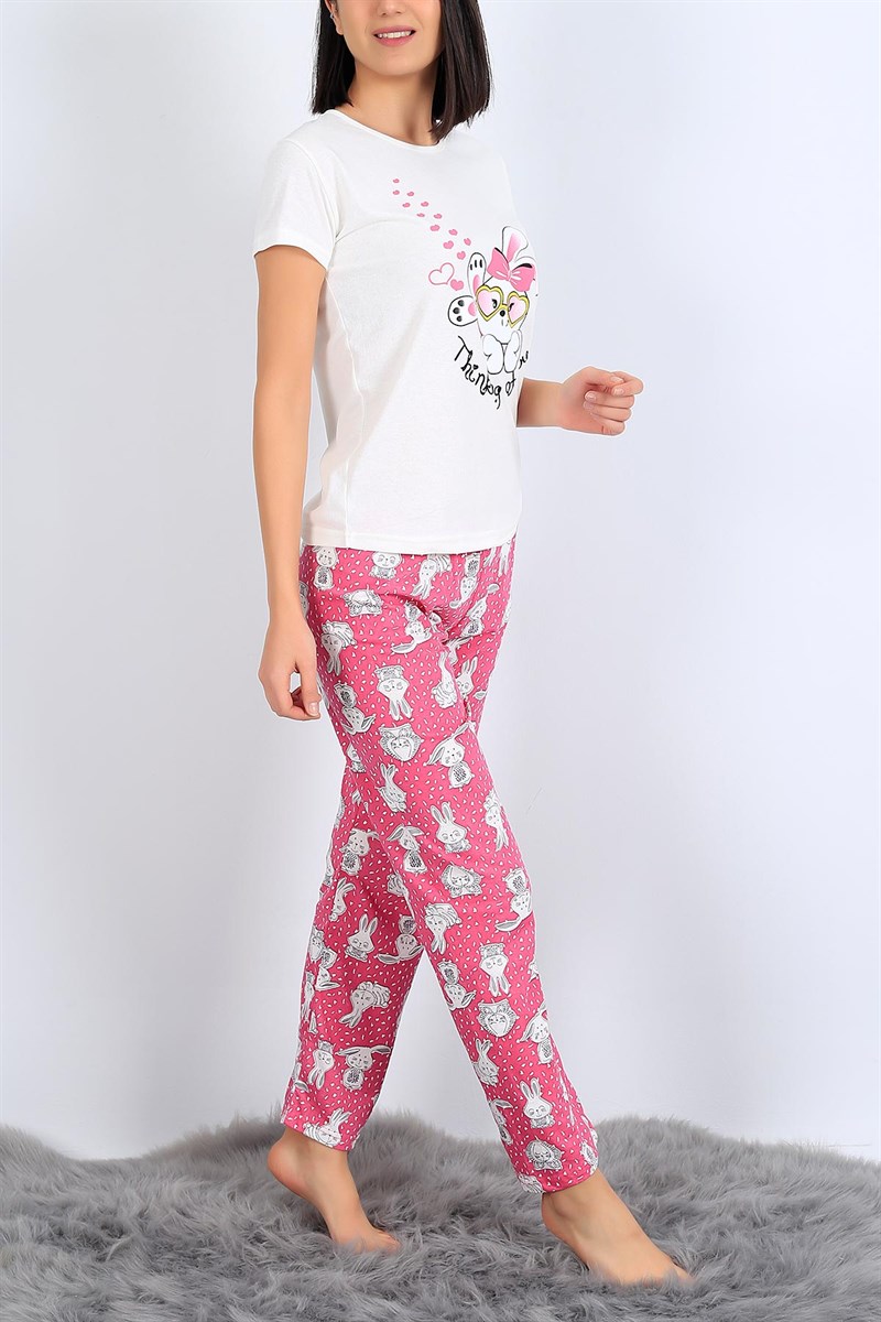Baskılı Krem Bayan Pijama Takımı 26948B