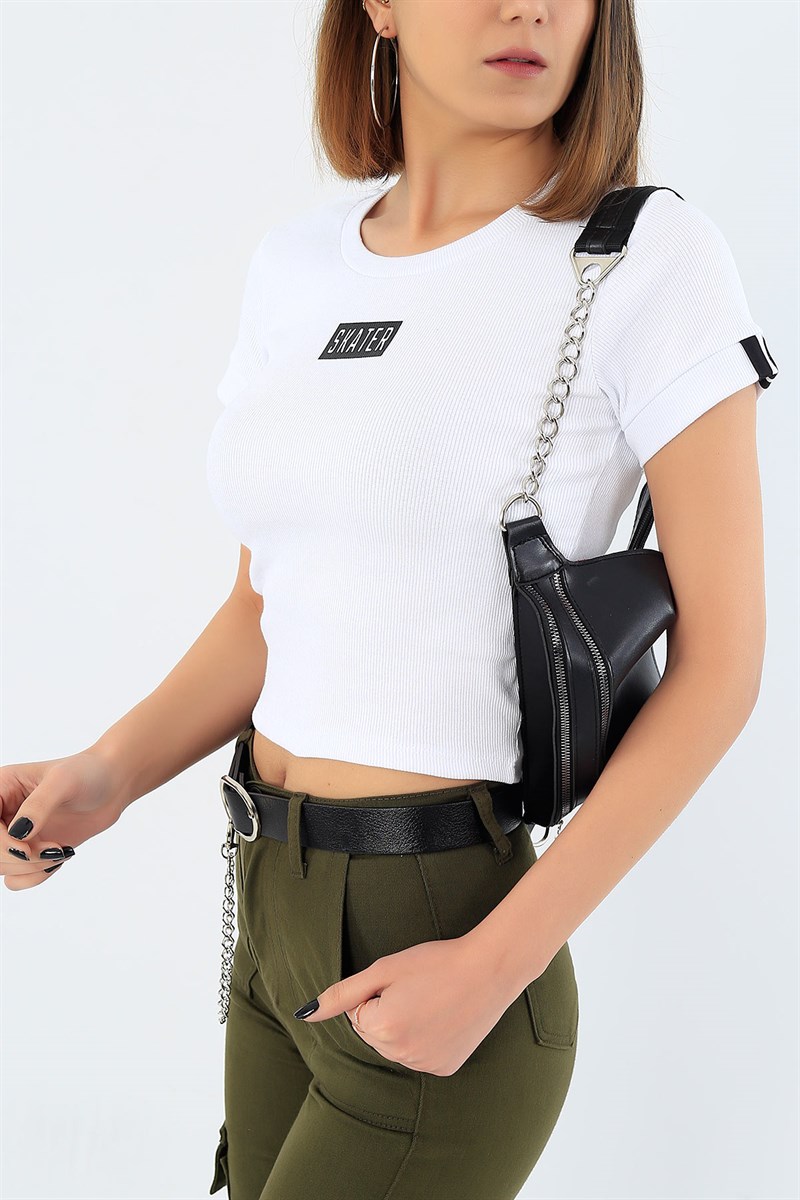 Baskılı Krem Crop Tişört 30720