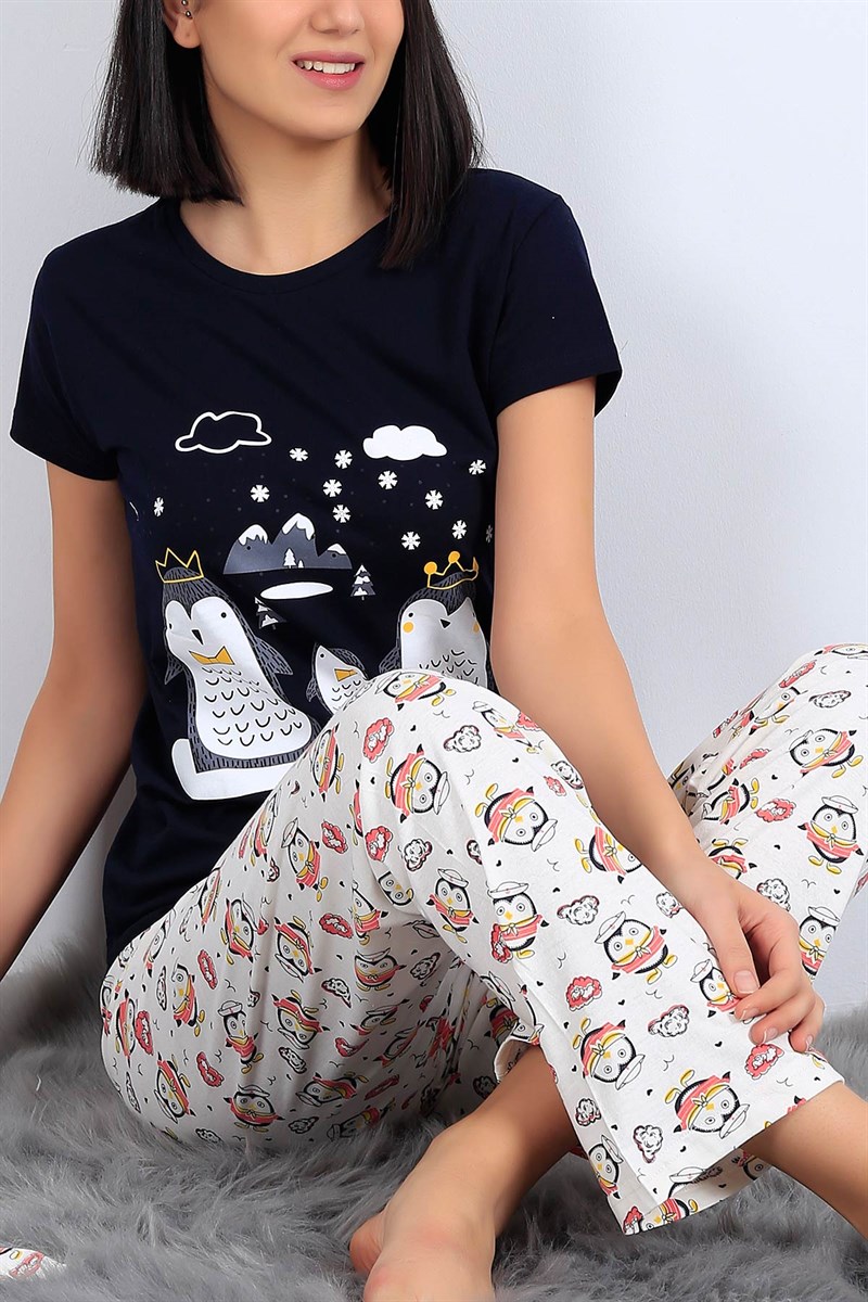 Baskılı Lacivert Bayan Pijama Takımı 26959B