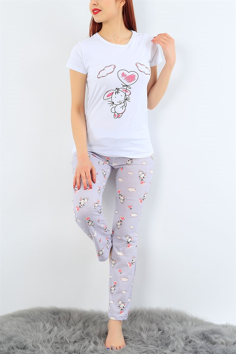 Baskılı Likralı Bayan Pijama Takımı 33682