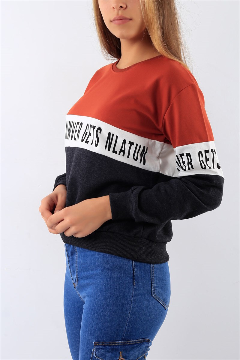 Baskılı Likralı Kiremit Bayan Sweat 20073B
