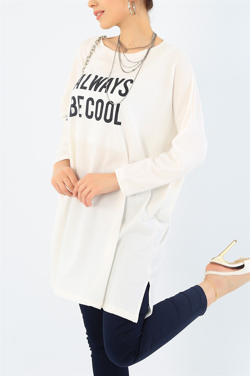 Baskılı Likralı Krem Tunik 37498