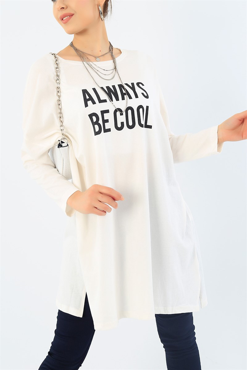 Baskılı Likralı Krem Tunik 37498