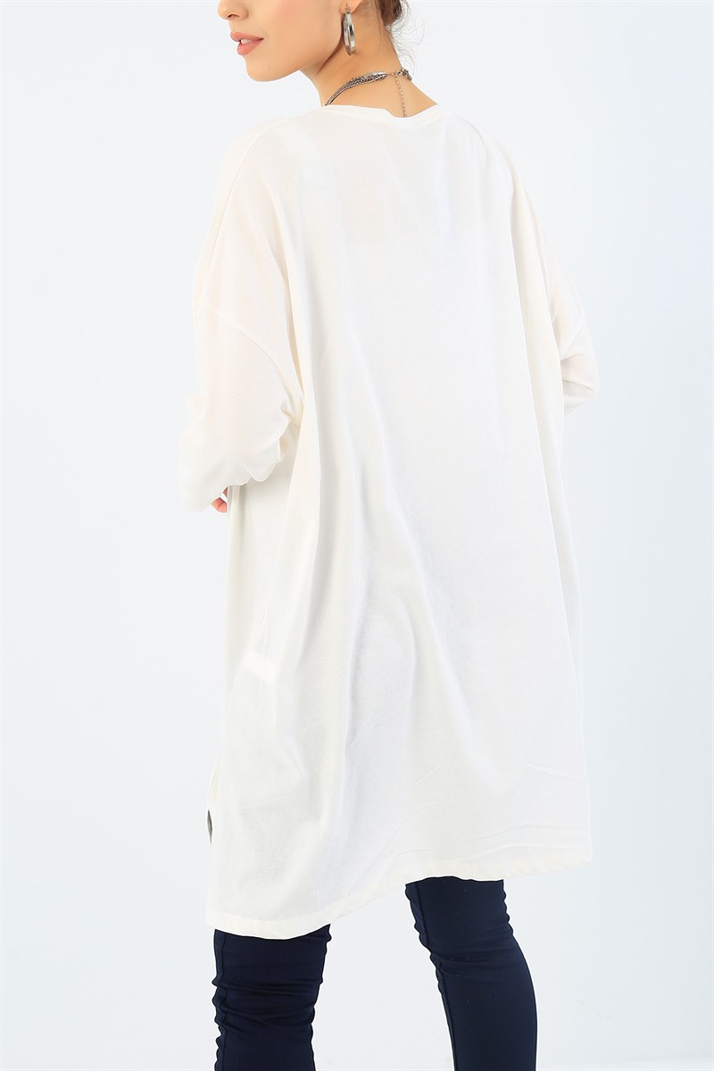 Baskılı Likralı Krem Tunik 37498