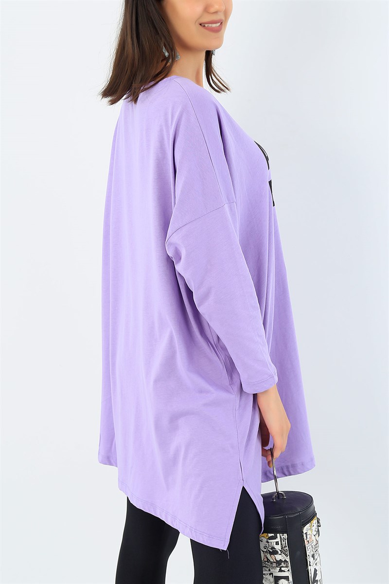 Baskılı Likralı Lila Tunik 37502