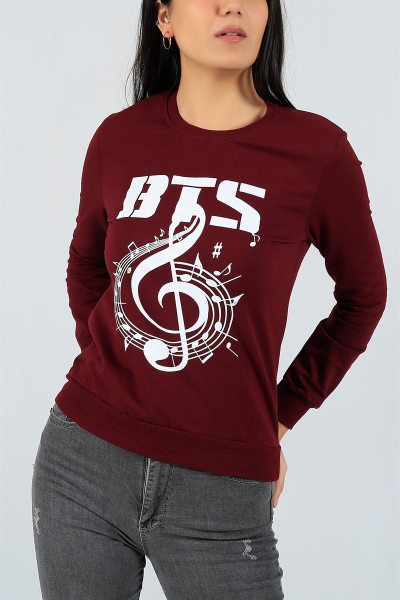 Baskılı Likralı Mürdüm Bayan Sweat 23082B