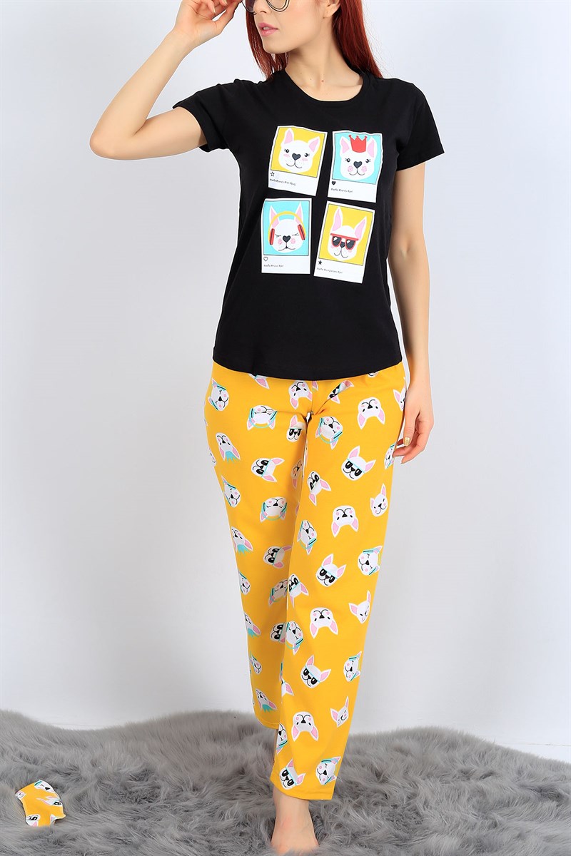 Baskılı Likralı Siyah Bayan Pijama Takımı 26993B