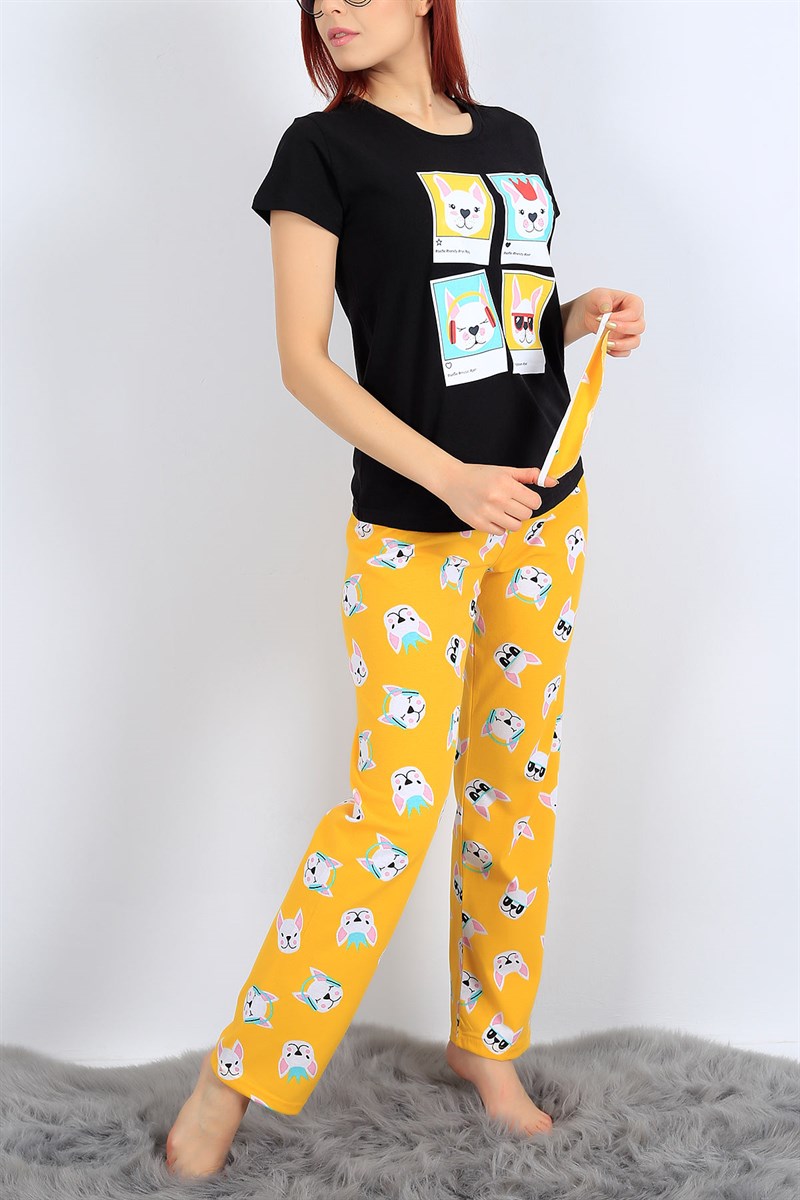 Baskılı Likralı Siyah Bayan Pijama Takımı 26993B