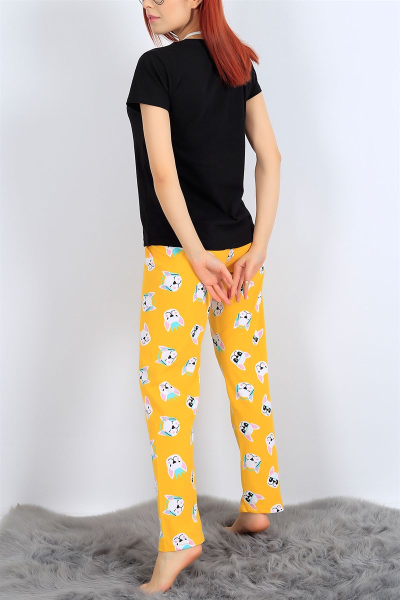 Baskılı Likralı Siyah Bayan Pijama Takımı 26993B